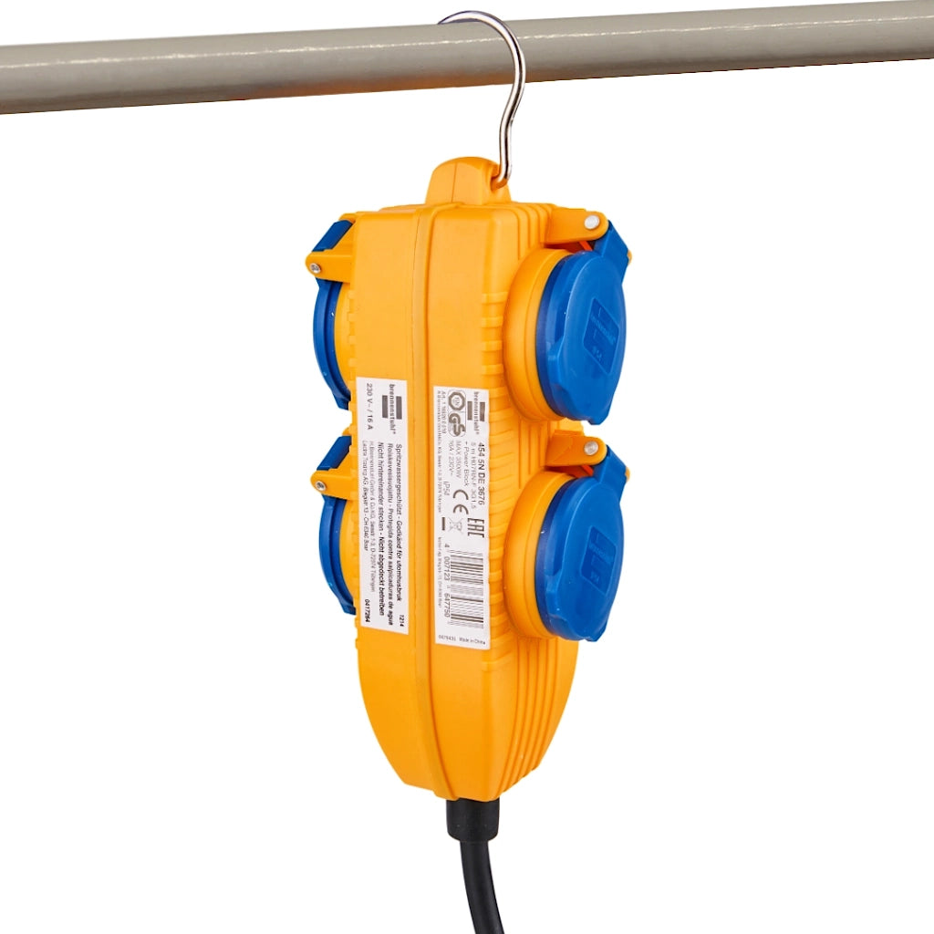 Brennenstuhl Powerblock gelb 4-fach hängt mittel Klapphaken aus Metall an einem dünnem Rohr