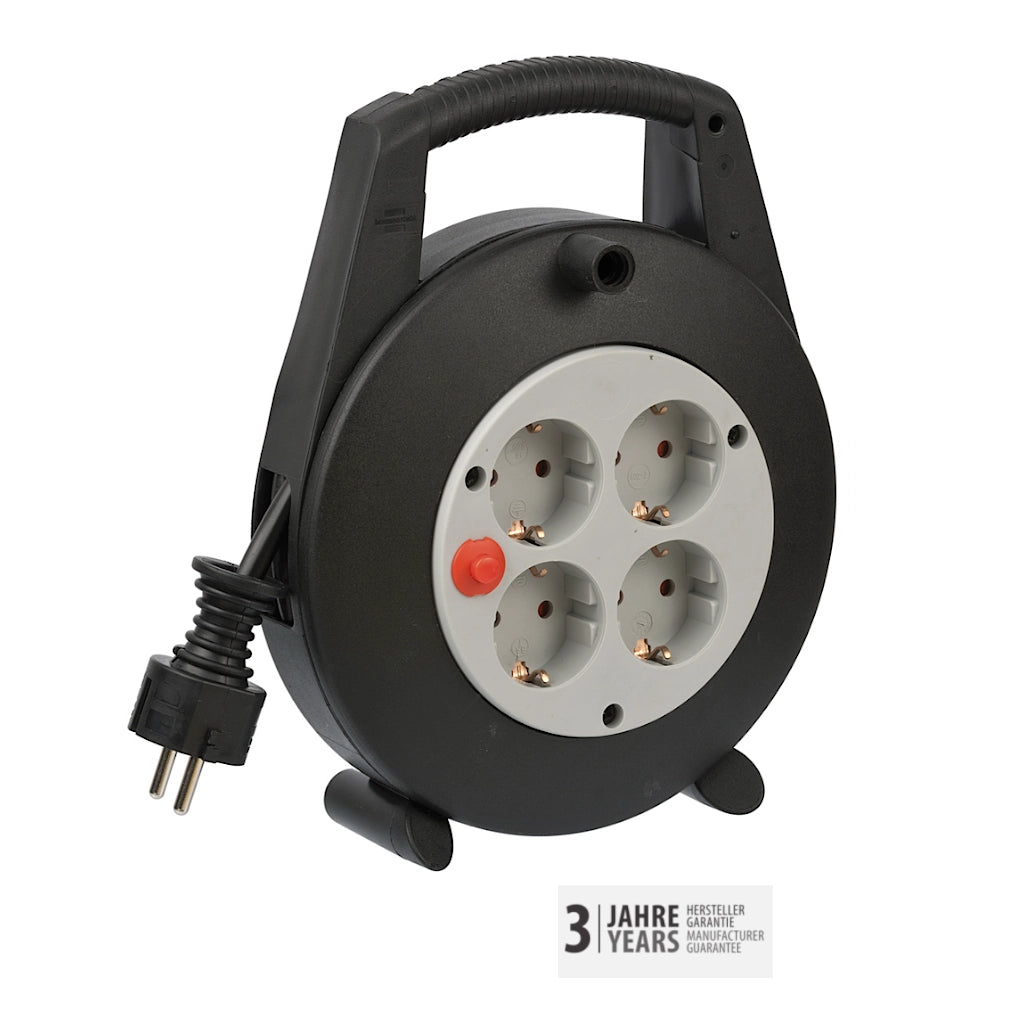 Brennenstuhl Kabelbox Vario Line 4-fach 5m (1092200) Ansicht schräg von vorn mit Logo 3 Jahre Garantie