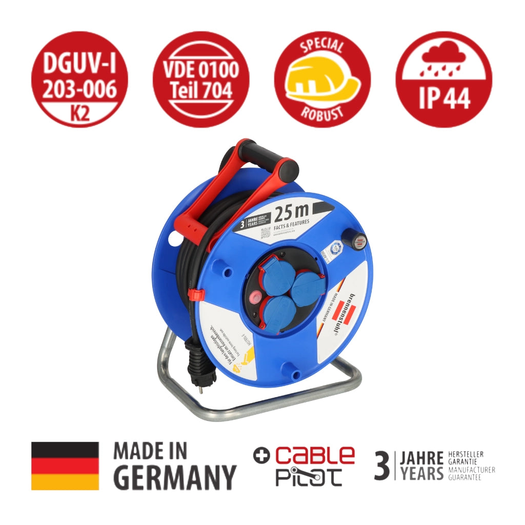 Brennenstuhl Kabeltrommel Garant 3-fach 25m IP44 (1208440) Voderansicht mit Logo Made in Germany