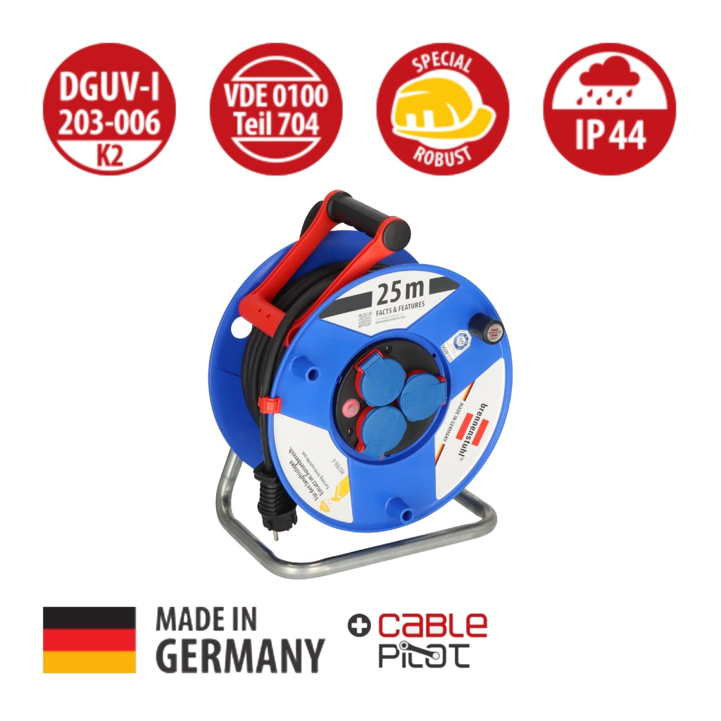Brennenstuhl Kabeltrommel Garant 3-fach 25m IP44 (1208440) Voderansicht mit Logo Made in Germany