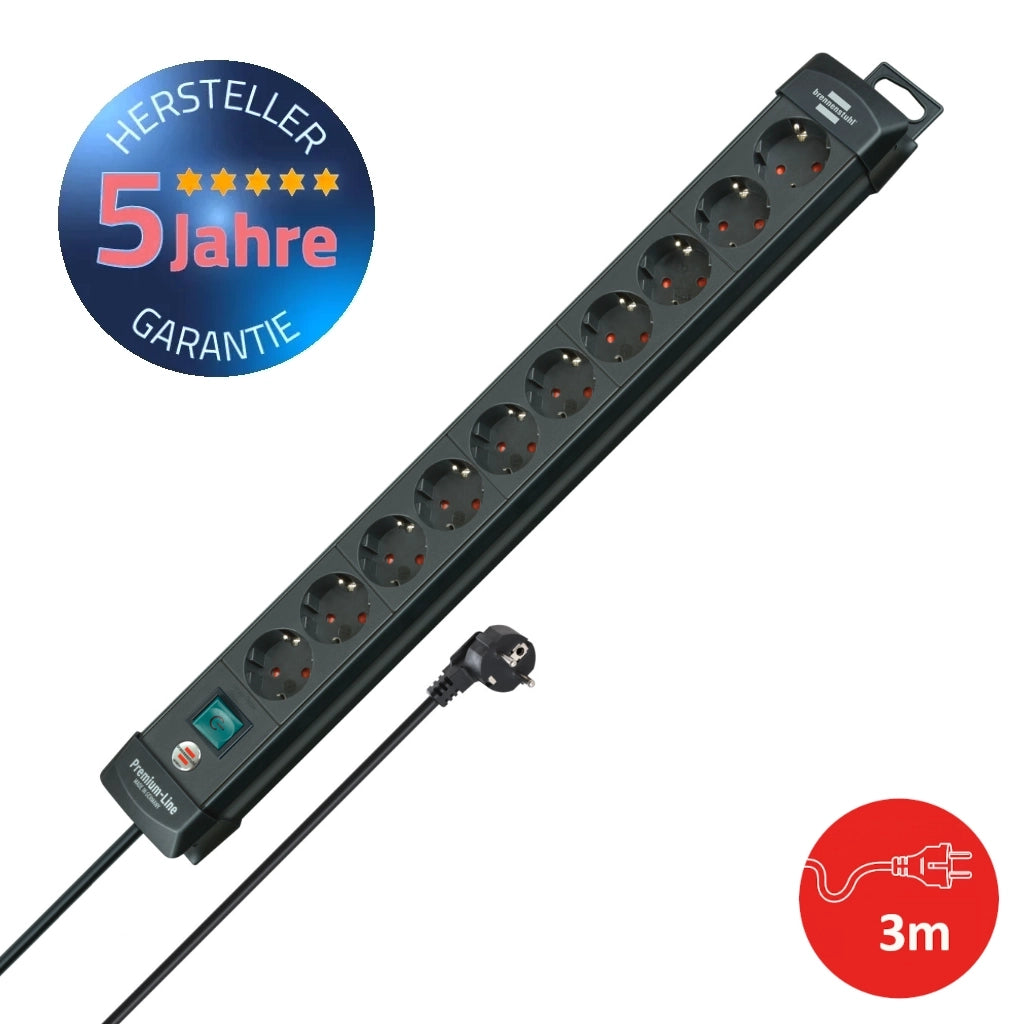 Brennenstuhl Steckdosenleiste 10-fach 3m schwarz (1951100100) Vorderansicht mit Schutzkontaktstecker