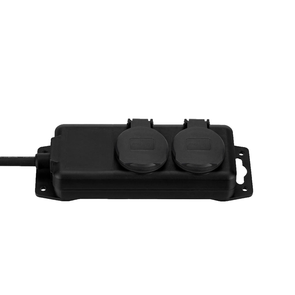 Brennenstuhl Steckdosenleiste 2-fach IP44 schwarz (1159930) Ansicht schräg von vorn mit zwei geschlossenen Klappdeckeln