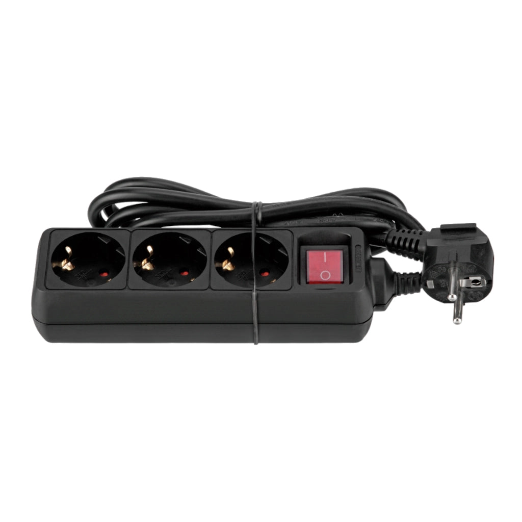 Brennenstuhl Steckdosenleiste 3-fach 1,4m mit Schalter schwarz (1550600413) Ansicht von vorn mit aufgewickeltem Kabel im Hintergrund