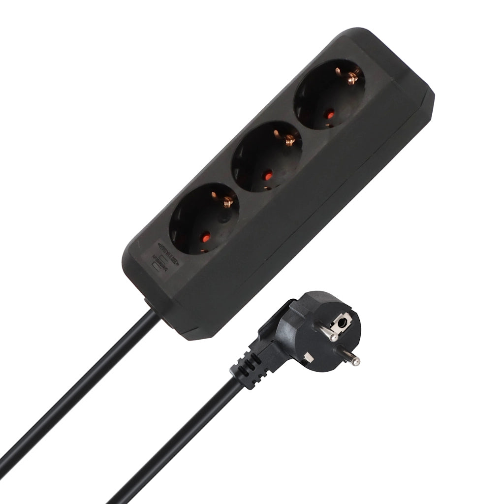 Brennenstuhl Steckdosenleiste 3-fach 1,5m schwarz Eco-Line (1158620015) Ansicht schräg von der Seite mit Stecker