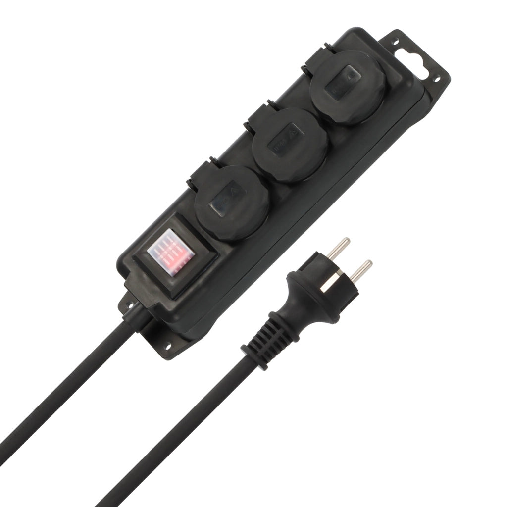 Brennenstuhl Steckdosenleiste 3-fach mit Schalter IP44 schwarz (1159950013) Ansicht schräg von vorn mit Stecker