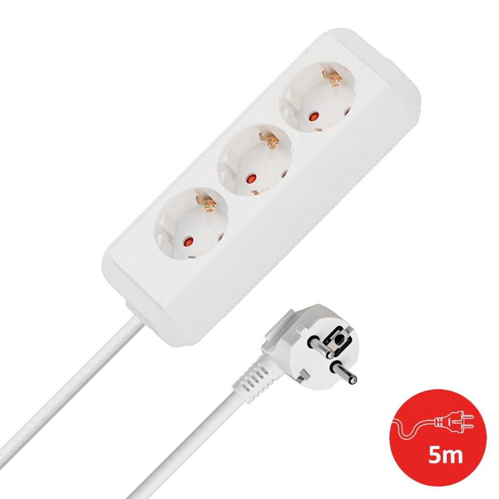 Brennenstuhl Steckdosenleiste 3-fach 5m weiß Eco-Line (1158610050) Ansicht schräg von der Seite mit Schutzkontakt-Stecker