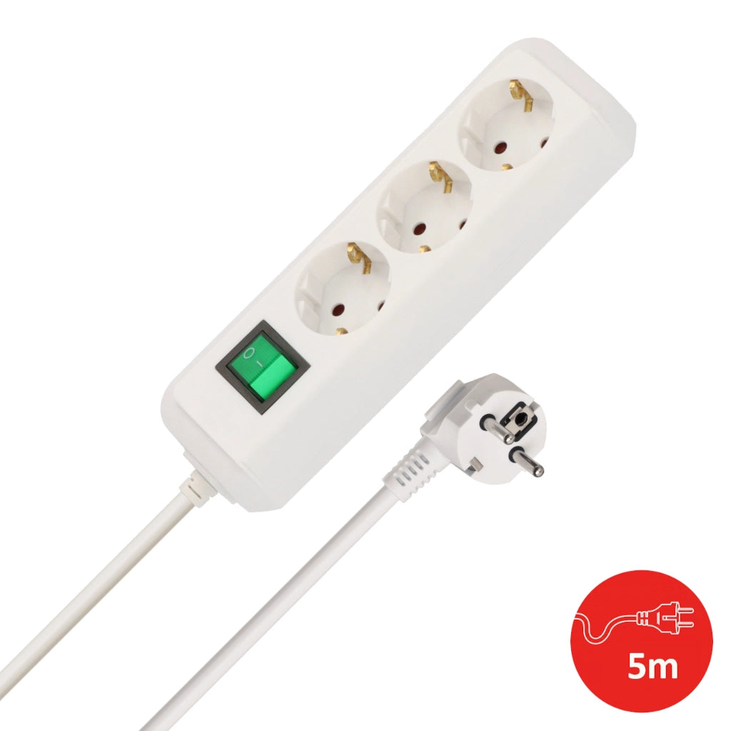 Brennenstuhl Steckdosenleiste 3-fach 5m weiss mit Schalter Eco-Line (1152920) Ansicht schräg von der Seite mit Stecker