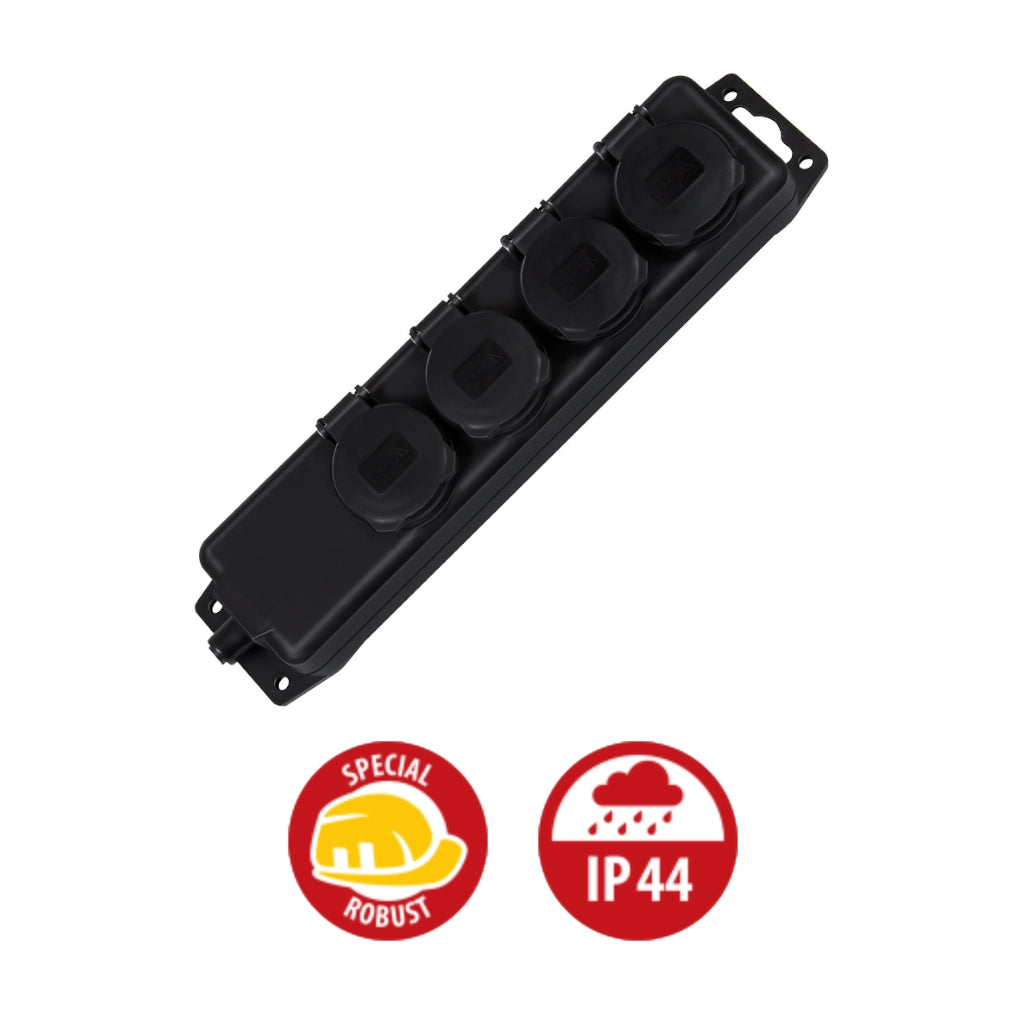 Brennenstuhl Steckdosenleiste 4-fach IP44 schwarz (1159960) Ansicht schräg von oben mit Schutzkontaktstecker und IP44 Logo