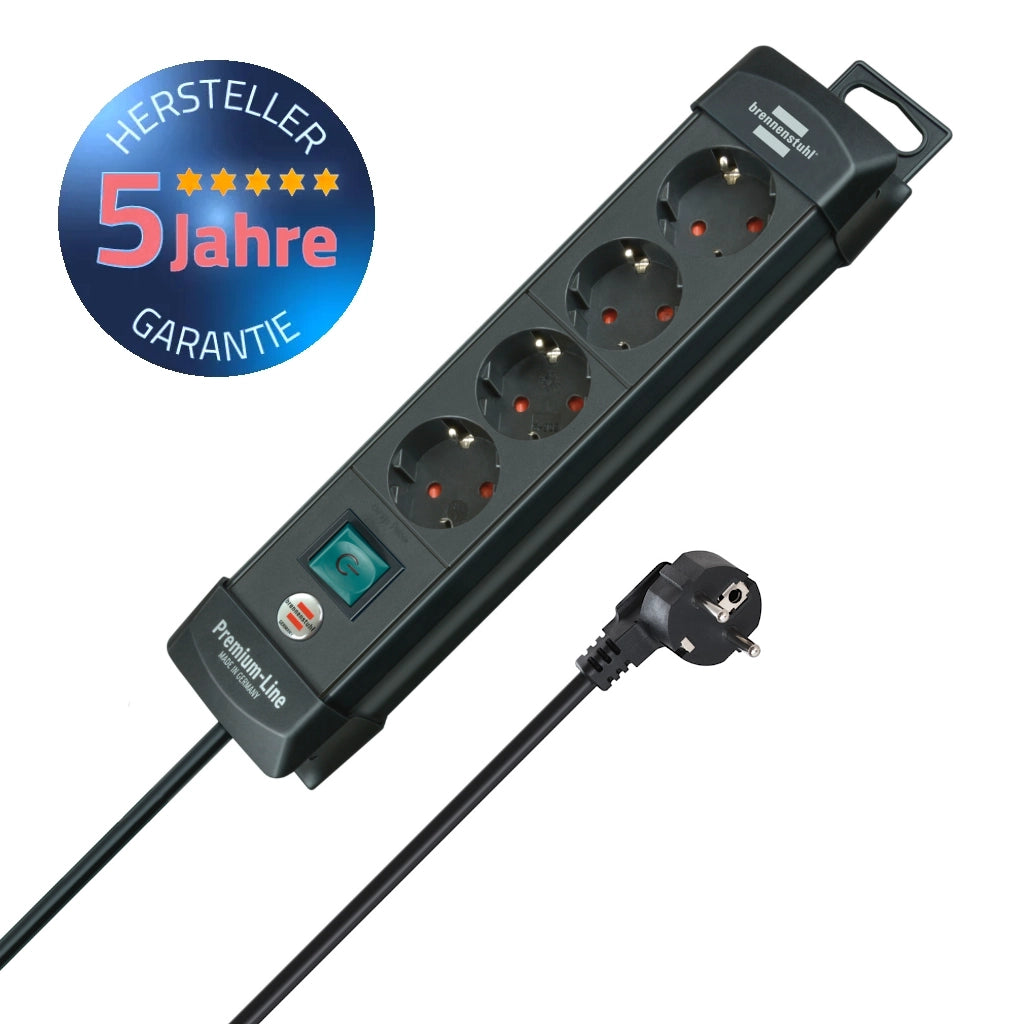 Brennenstuhl Steckdosenleiste 4-fach mit Schalter 1,8m schwarz (1951140100) Vorderansicht mit Schutzkontaktstecker