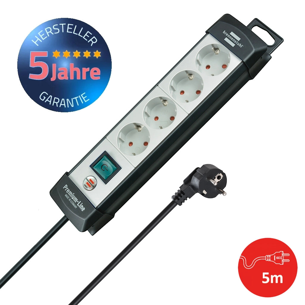 Brennenstuhl Steckdosenleiste 4-fach mit Schalter 5m grau/schwarz (1951540101) Vorderansicht mit Schutzkontaktstecker