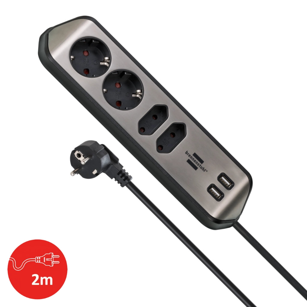 Brennenstuhl Eck-Steckdosenleiste 4-fach 2xUSB Edelstahl / schwarz (1153590410) Ansicht von oben mit Kabel und Stecker