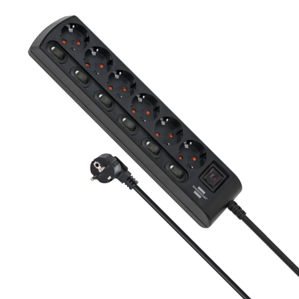 Brennenstuhl Steckdosenleiste 6-fach einzeln schaltbar schwarz (1153110116) Ansicht von oben mit Kabel und Stecker