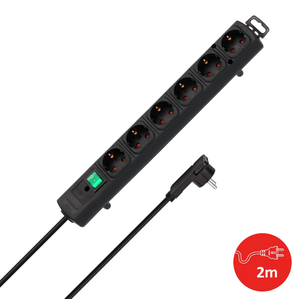 Brennenstuhl Steckdosenleiste 6-fach mit Schalter 2m schwarz (1153300100) Draufsicht mit Flachstecker