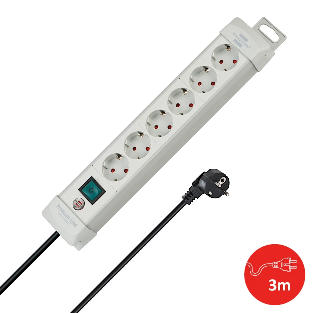 Brennenstuhl Steckdosenleiste 6-fach mit Schalter 3m lichtgrau (1955560100) Vorderansicht mit Schutzkontaktstecker