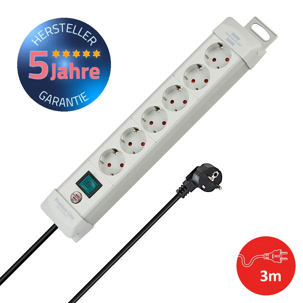 Brennenstuhl Steckdosenleiste 6-fach mit Schalter 3m lichtgrau (1955560100) Vorderansicht mit Schutzkontaktstecker