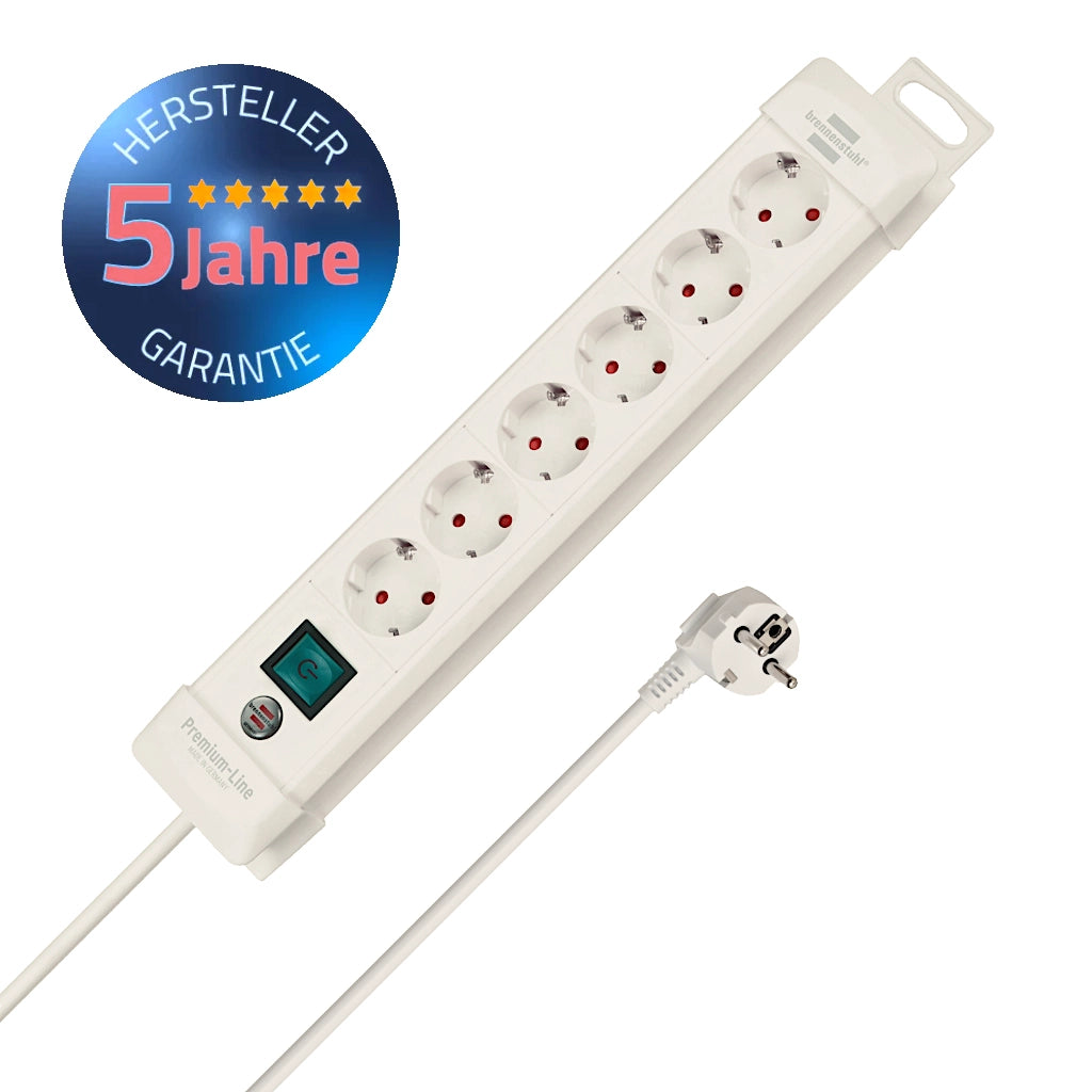 Brennenstuhl Steckdosenleiste 6-fach mit Schalter 3m weiß (1952260100) Vorderansicht zusammen mit Schutzkontaktstecker