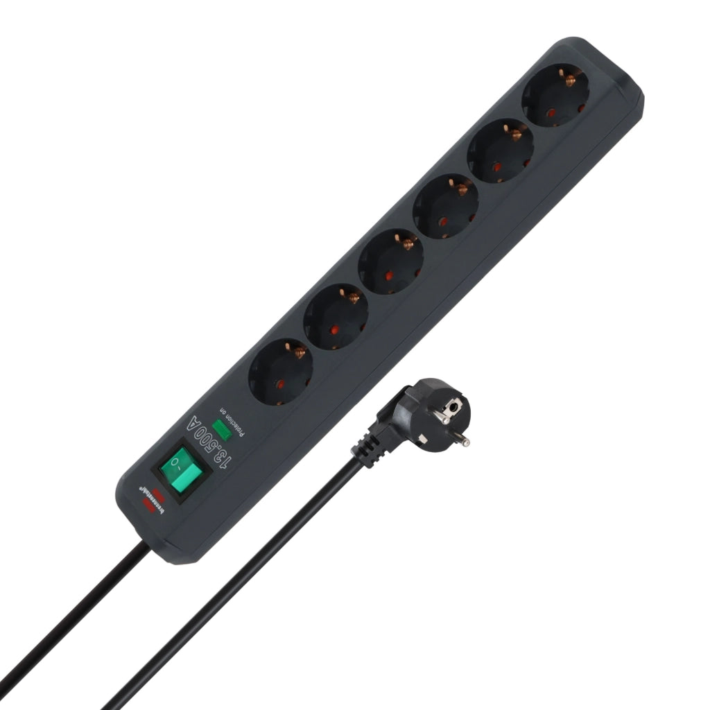 Brennenstuhl Steckdosenleiste 6-fach 1,5m anthrazit mit Schalter Überspannungsschutz Eco LIne (1159710) Ansicht schräg von oben mit Schutzkontaktstecker