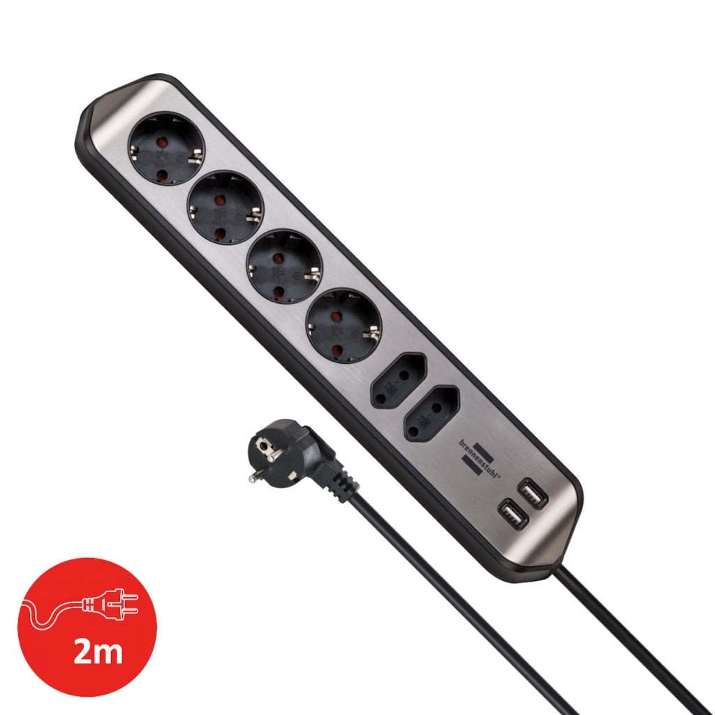 Brennenstuhl Eck-Steckdosenleiste 6-fach 2xUSB Edelstahl / schwarz (1153590610) Ansicht von oben mit Kabel und Stecker