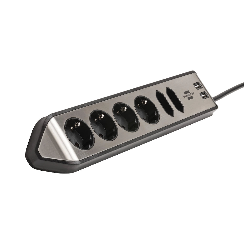 Brennenstuhl Eck-Steckdosenleiste 6-fach 2xUSB Edelstahl / schwarz (1153590610) Ansicht schräg von vorn
