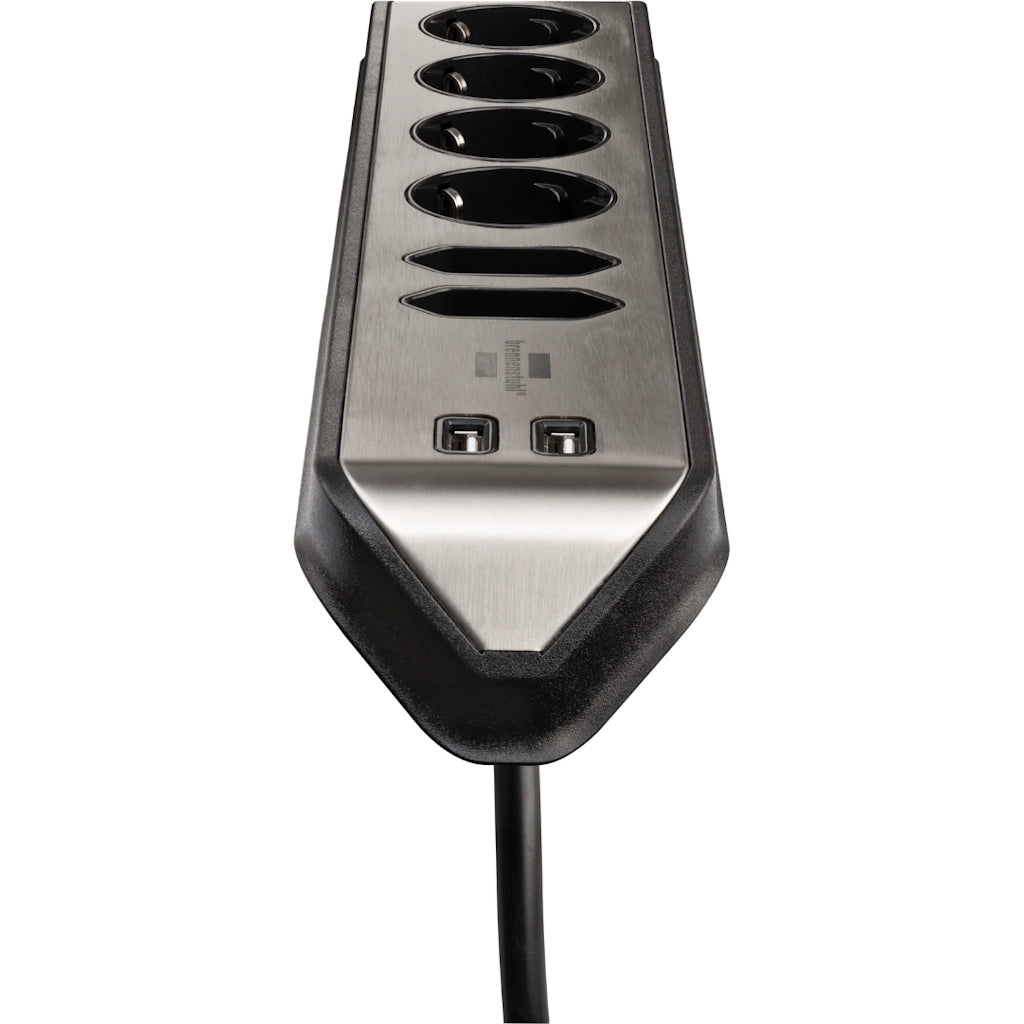 Brennenstuhl Eck-Steckdosenleiste 6-fach 2xUSB Edelstahl / schwarz (1153590610) Nahaufnahme der USB Anschlüsse