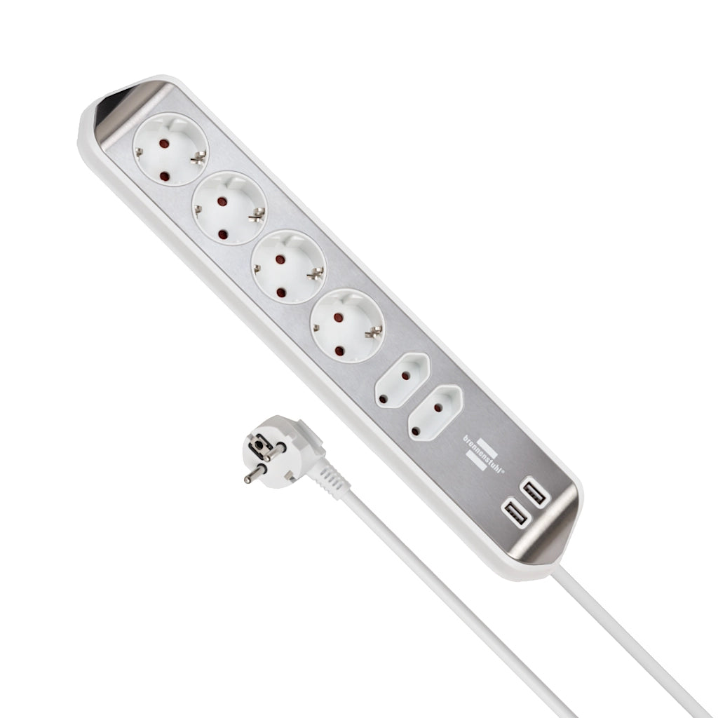 Brennenstuhl Eck-Steckdosenleiste 6-fach 2xUSB Edelstahl / weiß (1153590620) Ansicht von oben mit Kabel und Stecker
