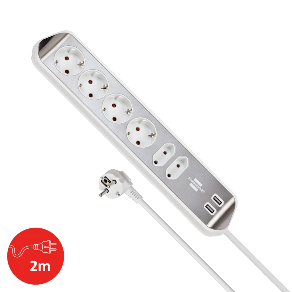 Brennenstuhl Eck-Steckdosenleiste 6-fach 2xUSB Edelstahl / weiß (1153590620) Ansicht von oben mit Kabel und Stecker