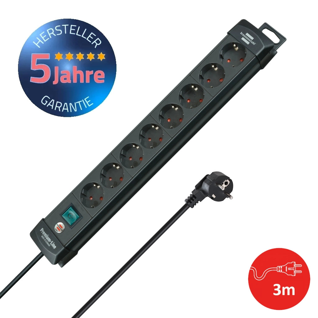 Brennenstuhl Steckdosenleiste 8-fach mit Schalter 3m schwarz (1951180100) Vorderansicht mit Schutzkontaktstecker