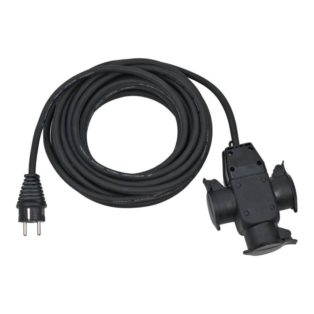 Brennenstuhl Verlängerungskabel 10m IP44 schwarz Gummikupplung 3-fach (1167810301) Ansicht von oben - Kabel zusammengerollt