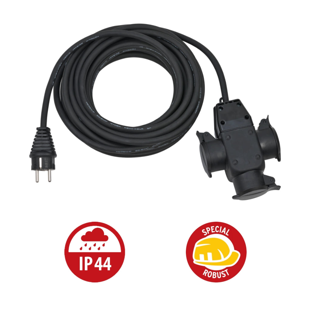 Brennenstuhl Verlängerungskabel 10m IP44 schwarz Gummikupplung 3-fach (1167810301) Ansicht von oben mit IP44 Logo