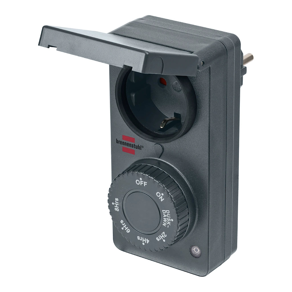 Brennenstuhl Zeitschaltuhr mit Dämmerungssensor DDT anthrazit IP44 (1506120) Ansicht schräg von vorn mit geöffnetem Klappdeckel
