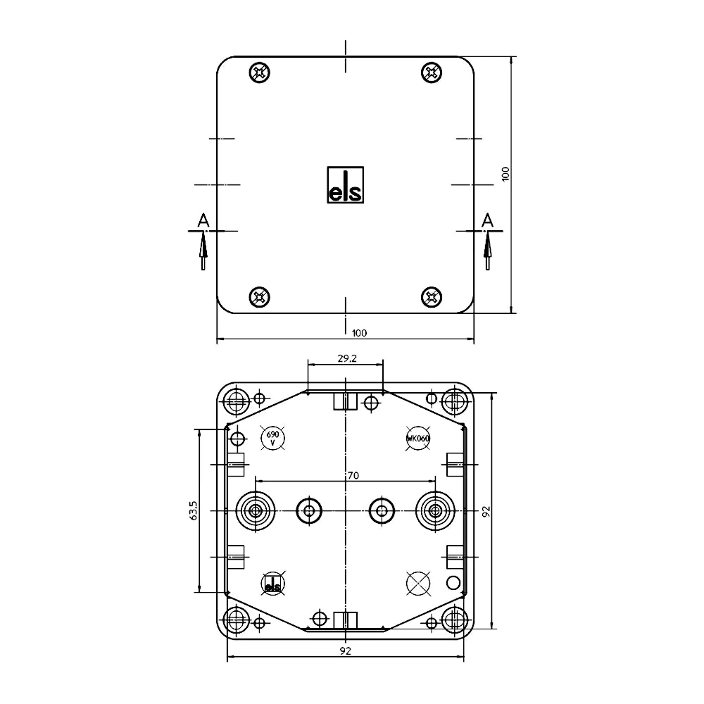 Spelsberg Abzweigdose Aufputz Feuchtraum technische Zeichnung Vorderansicht mit Abmessungen