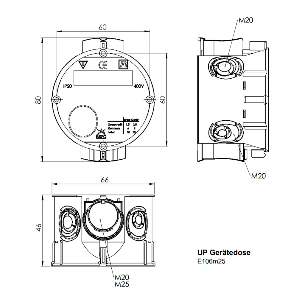 f-tronic Gerätedosen E106M25 Ø 60mm / 45mm (7310129) technische Zeichnung mit Abmessungen