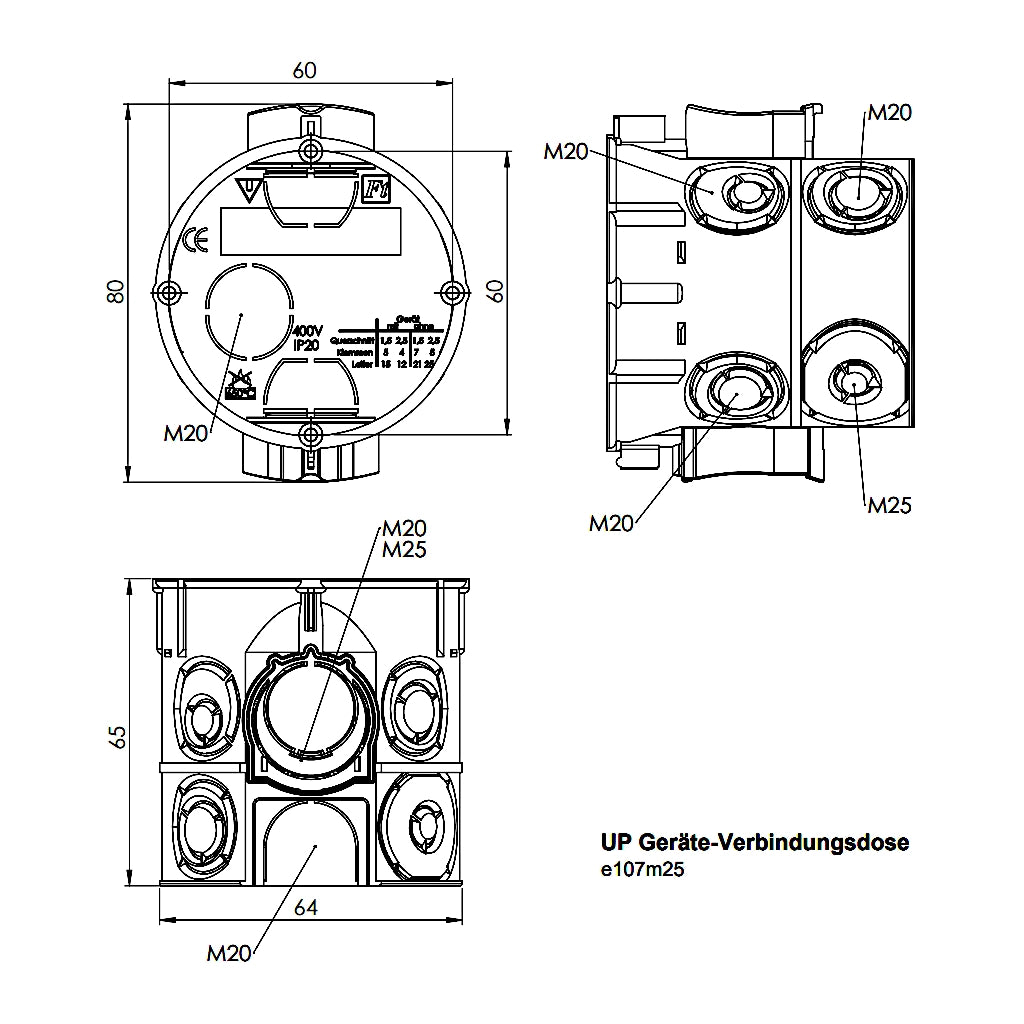 f-tronic Gerätedose E107M25 Ø 60mm / 65mm tief (7310131) technische Zeichnung mit Abmessungen