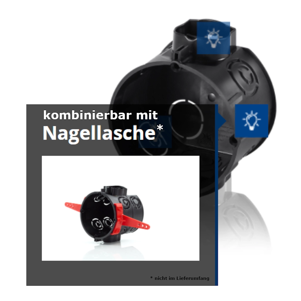 f-tronic Gerätedose E107M25 Ø 60mm / 65mm tief (7310131) Bild mit optional erhältlichen Nagelschellen