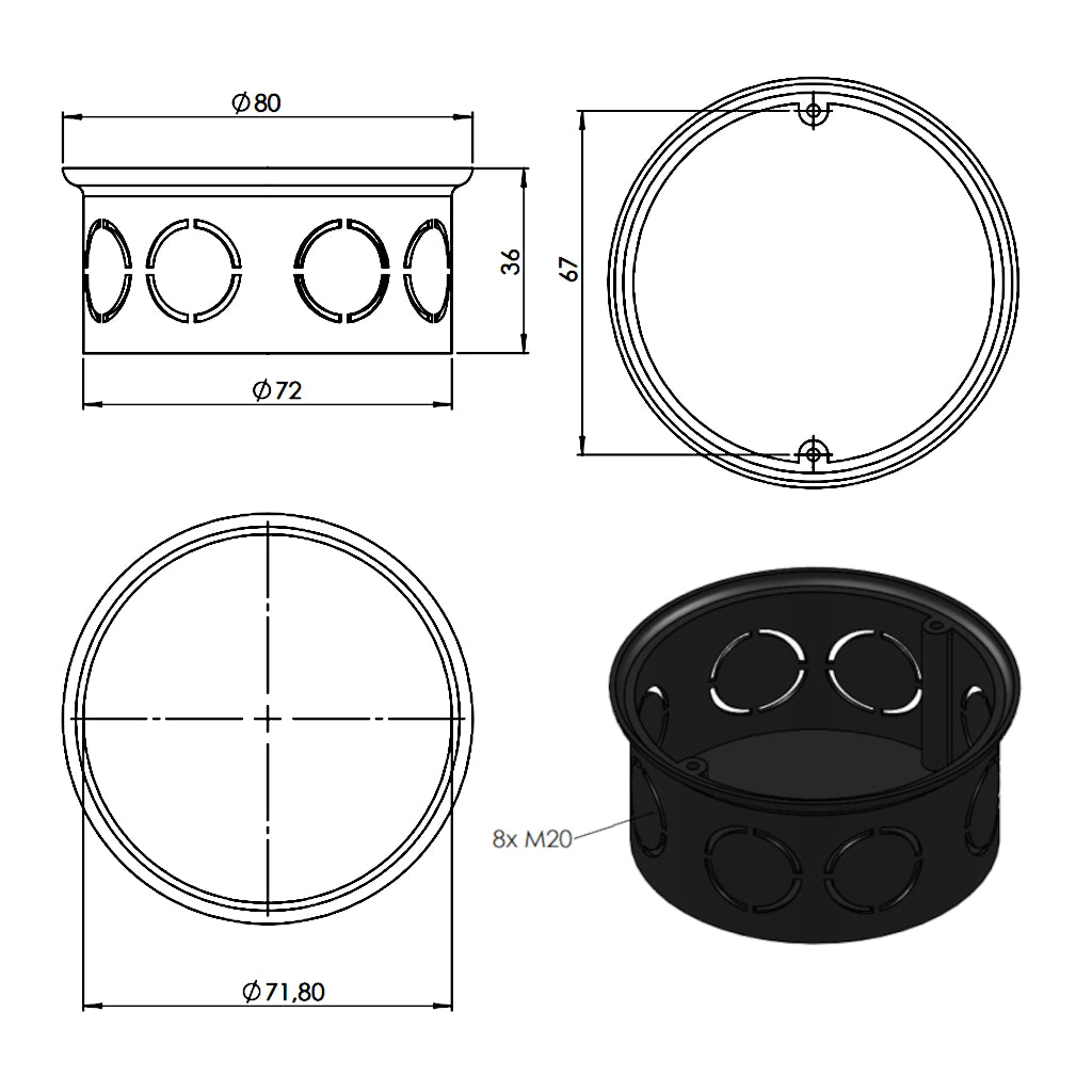 f-tronic Verbindungsdosen E110 Ø 70mm / 35mm tief (7310133) technische Zeichnung mit Abmessungen