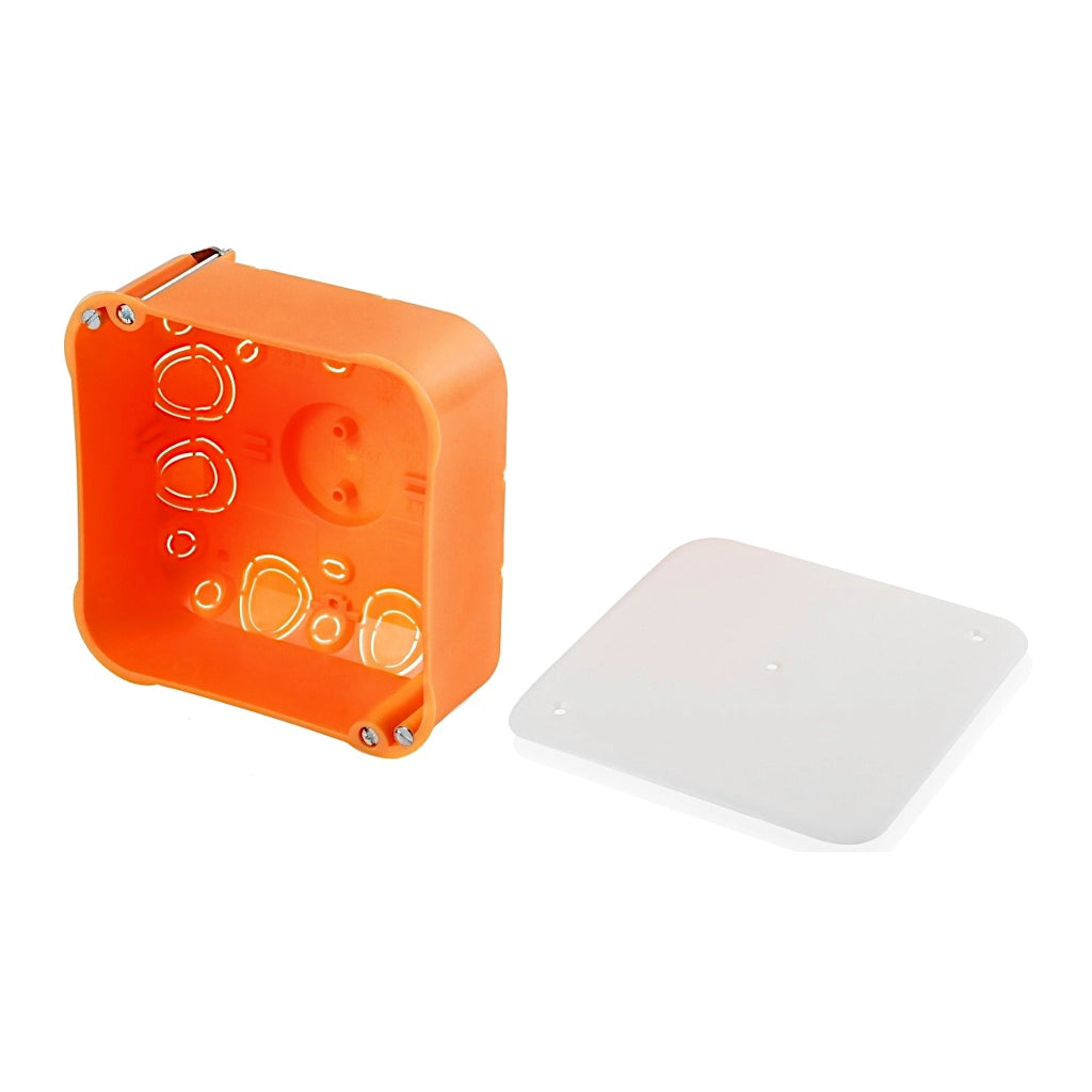 f-tronic Hohlwand Abzweigkasten E116 7350033 Vorderansicht mit offenem Deckel rechts daneben liegend