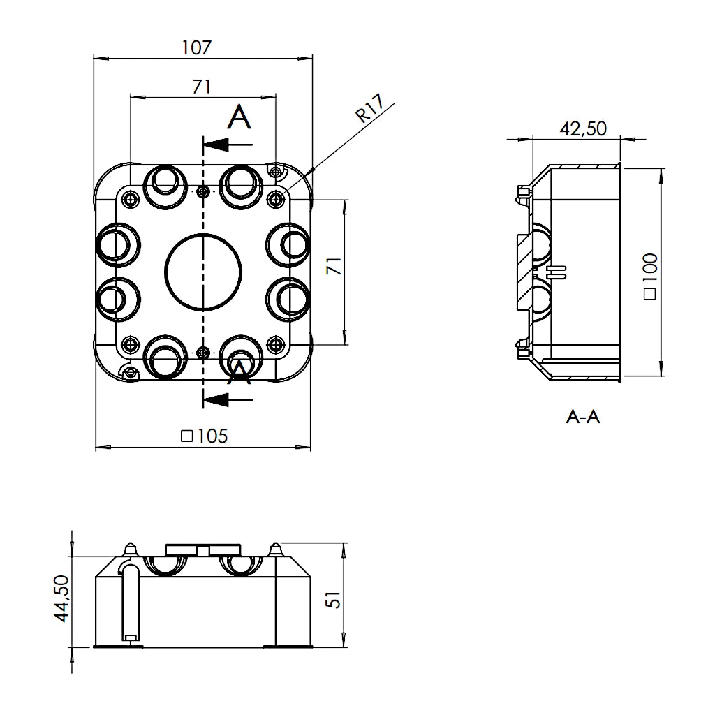 f-tronic Hohlwand Abzweigkasten E116 7350033 technische Zeichnung mit Abmessungen