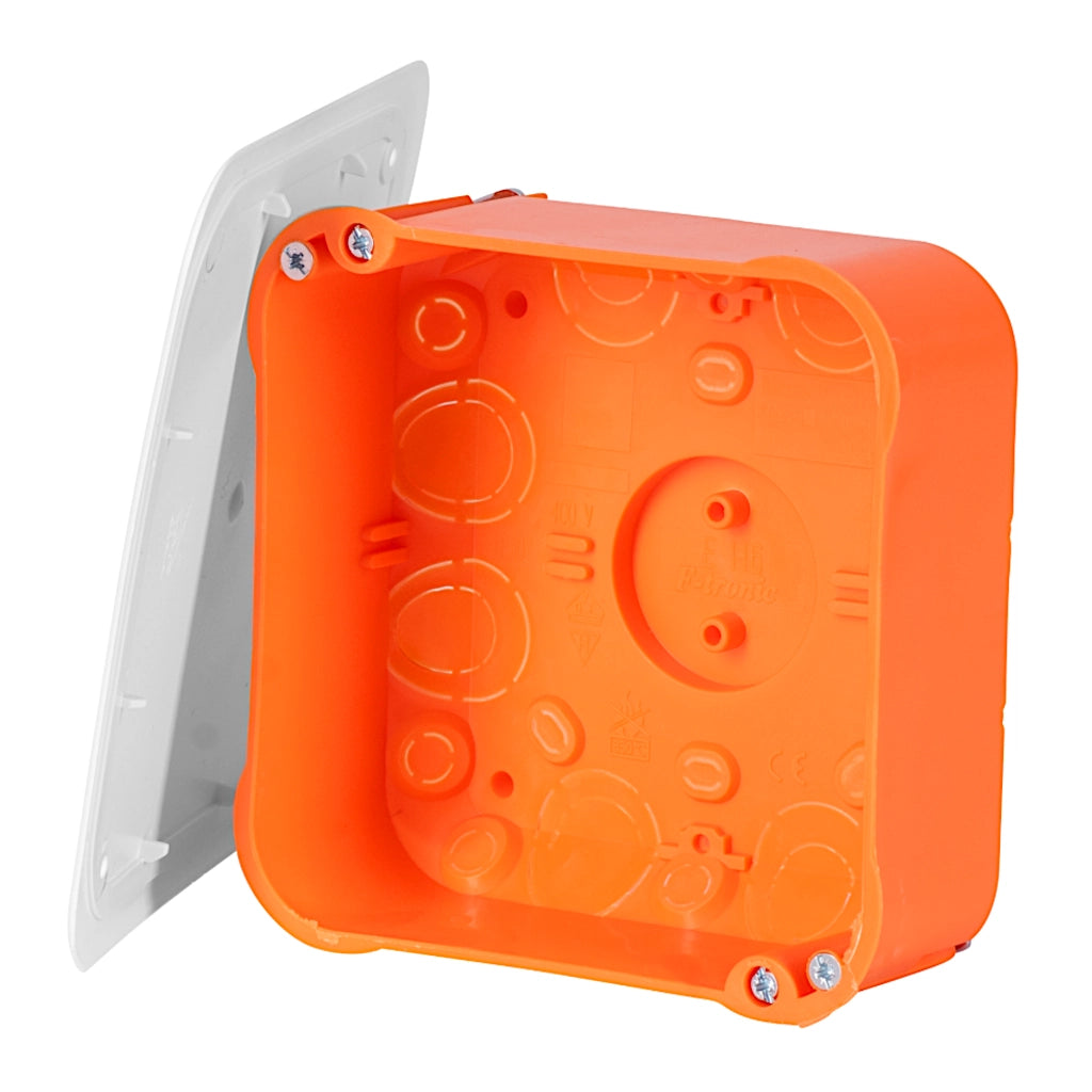 f-tronic Hohlwand Abzweigkasten E116 7350033 Vorderansicht mit geöffnetem Deckel links angelehnt