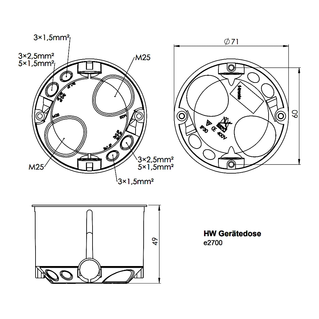 f-tronic Hohlwand Gerätedose E2700 winddicht 47mm tief / Ø 68mm (7360028) technische Zeichnung mit Abmessungen