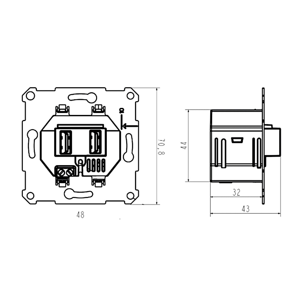 USB Ladesteckdose 2xUSB-A 2100 mA (FW7810 / K6472U) technische Zeichnung mit Abmessungen