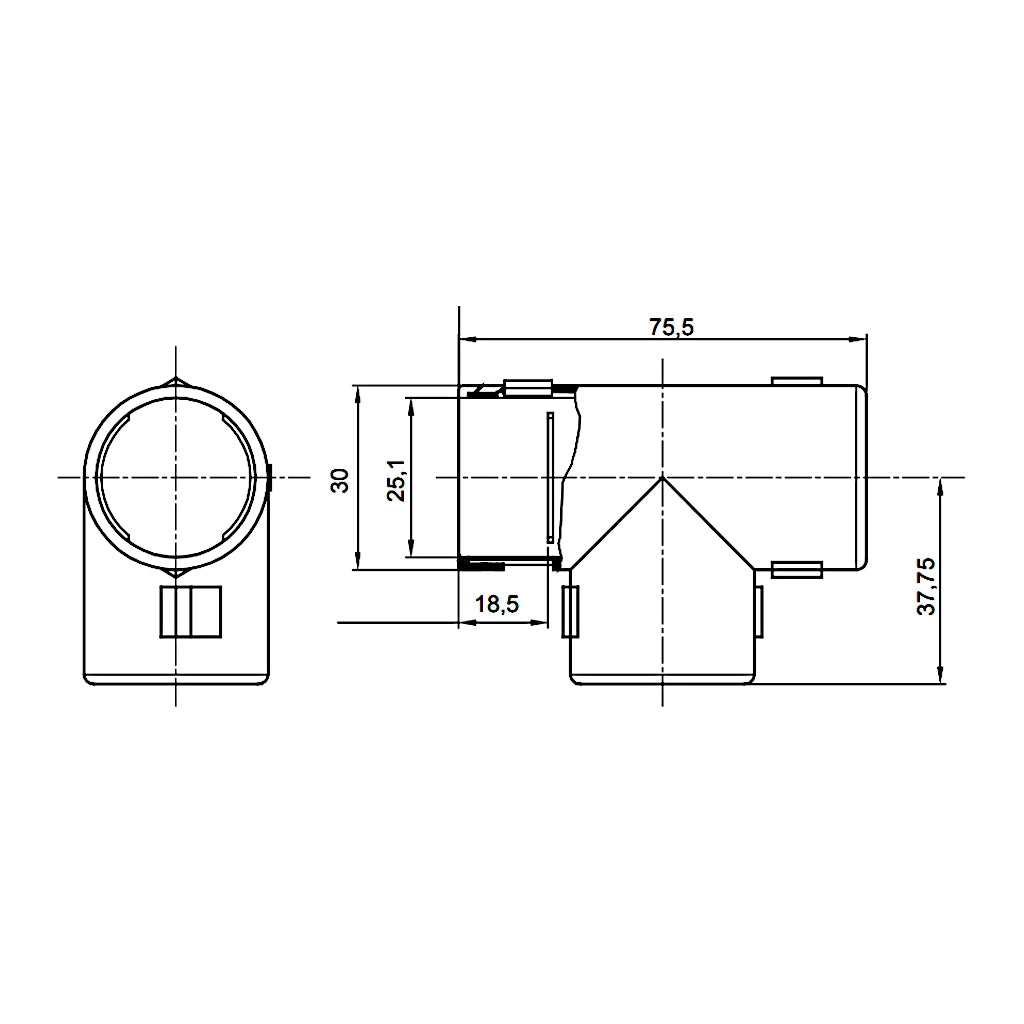 Gewiss T-Stück M25 (DX40225 / RKT25G) technische Zeichnung mit Abmessungen