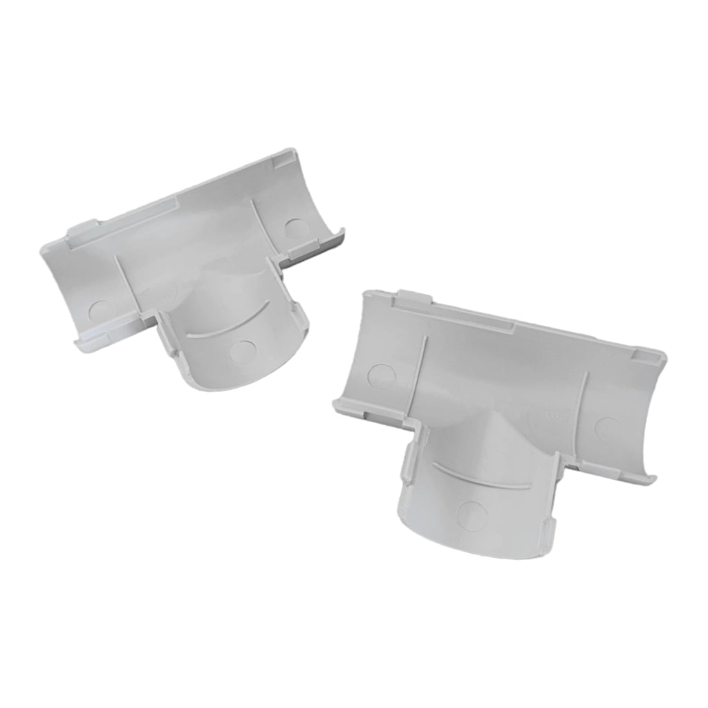 Gewiss T-Stück M32 (DX40232 / RKT32G) Vor- und Rückseite auseinander gebaut und nebeneinander liegend