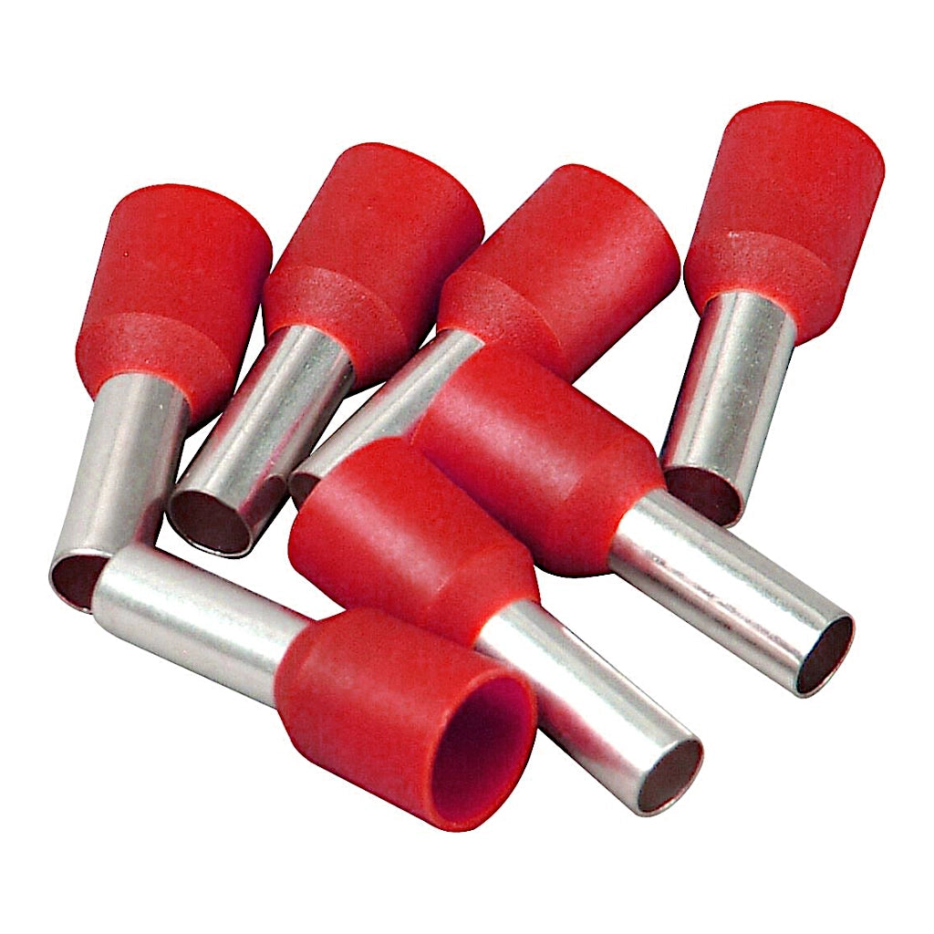 7 Stück Kopp Aderendhülsen 10mm² rot (354414094) lose liegend vor weißen Hintergrund