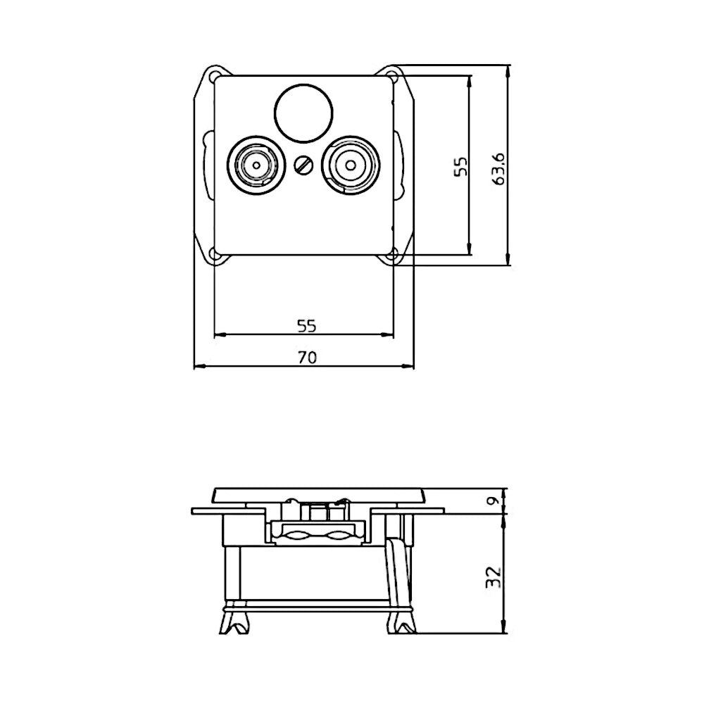 Kopp Athenis grau matt Antennendose TV/RF technische Zeichnung mit Abmessungen