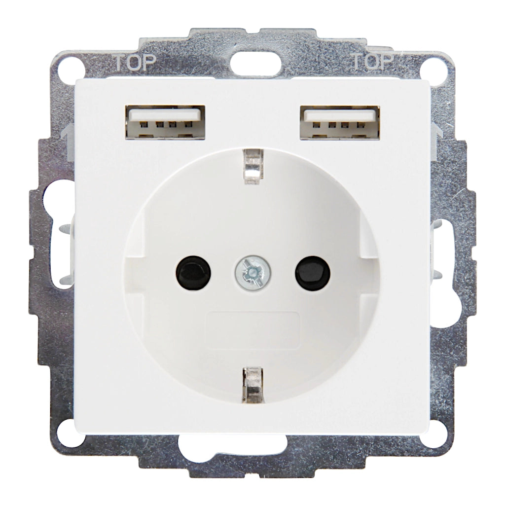 Kopp Athenis reinweiß Steckdose mit Berührungsschutz + 2x USB Vorderansicht