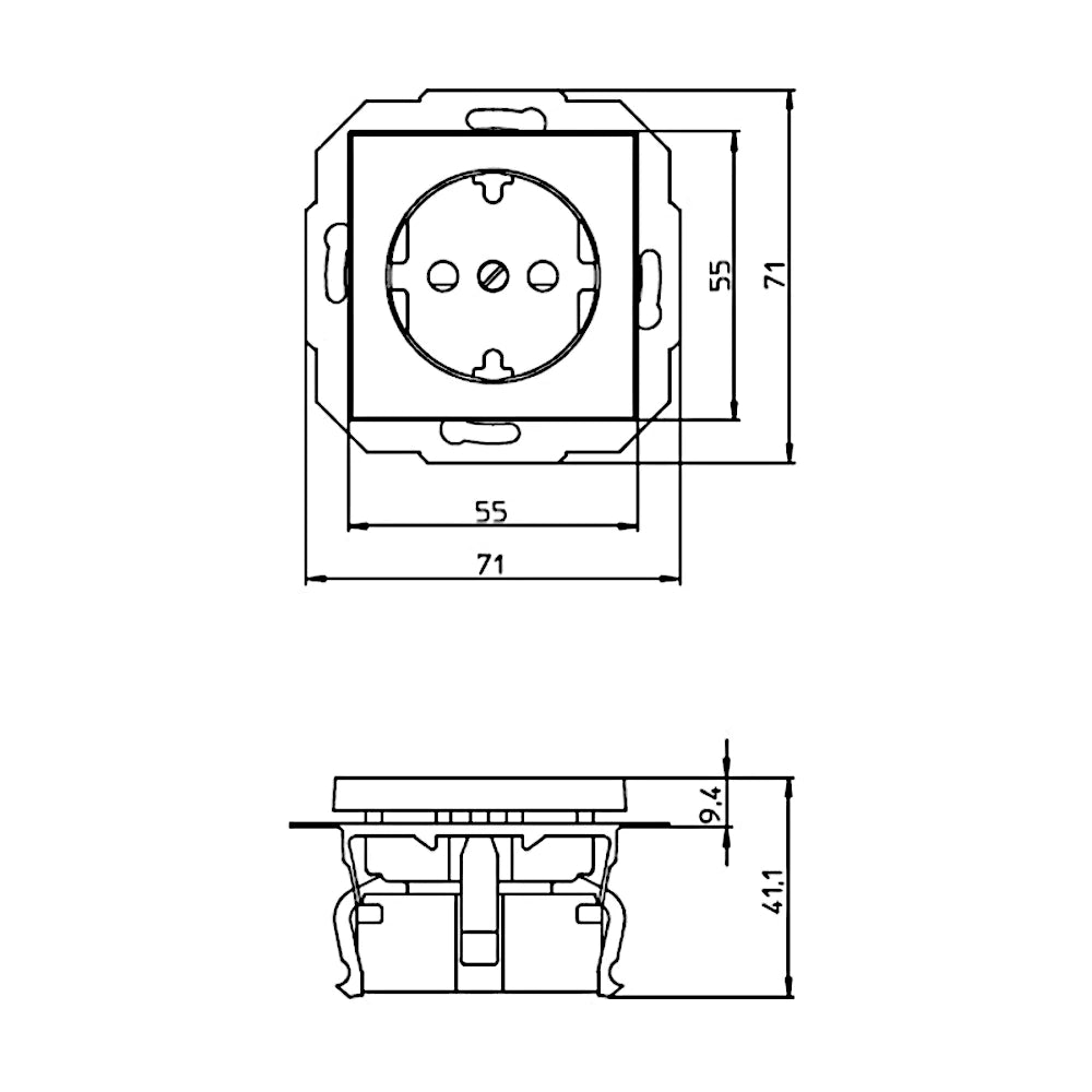 Kopp Athenis grau matt Steckdose mit Berührungsschutz technische Zeichnung mit Abmessungen