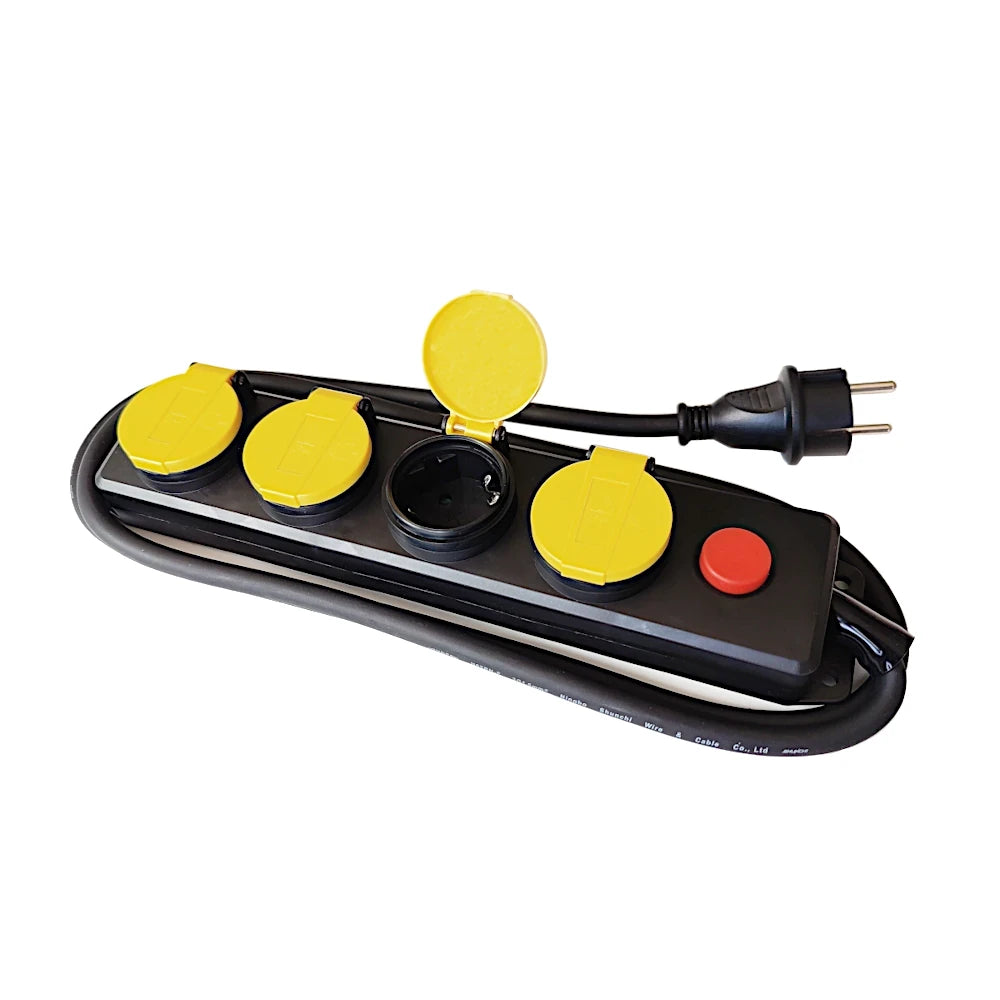 Kopp Feuchtraum Steckdosenleiste 4-fach mit Schalter schwarz Ansicht mit geöffnetem Klappdeckel