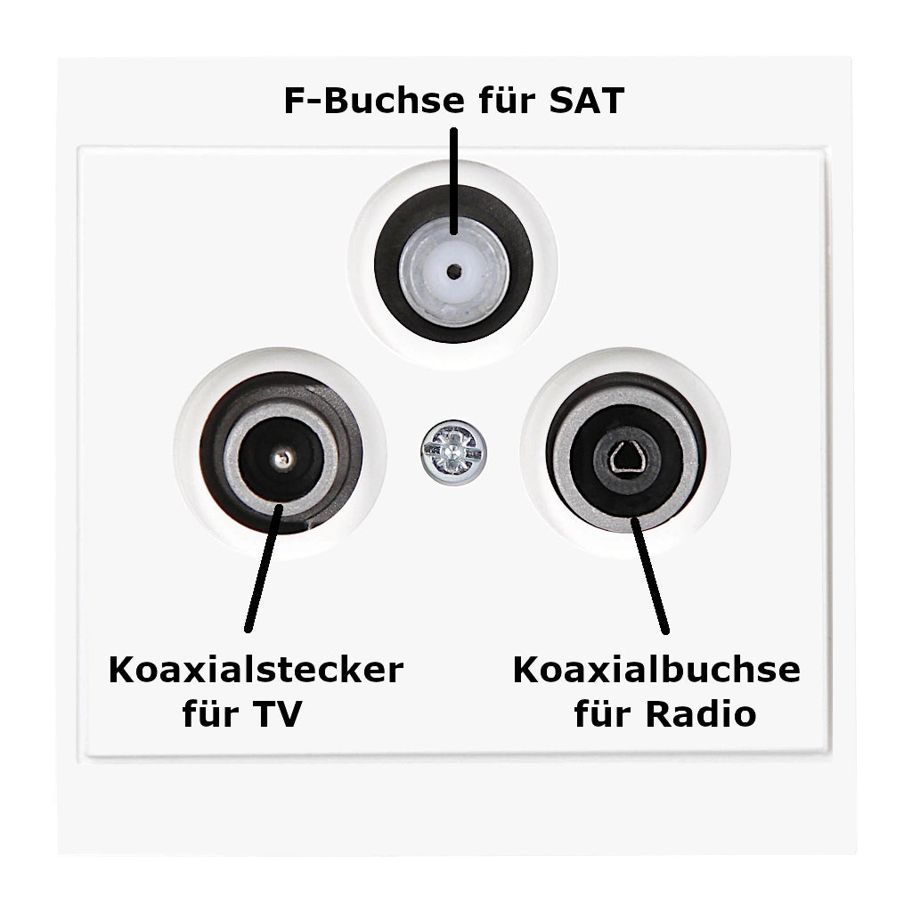 Kopp Malta arktisweiß Antennendose SAT/TV/RF (916113089) Vorderansicht mit Beschriftung der Anschlüsse