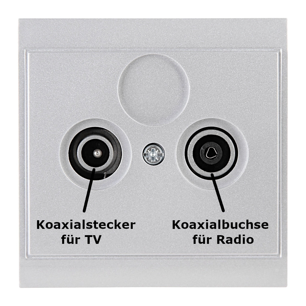 Kopp Malta silber Antennendose TV/RF (113020083) Vorderansicht mit Beschriftung der Anschlüsse