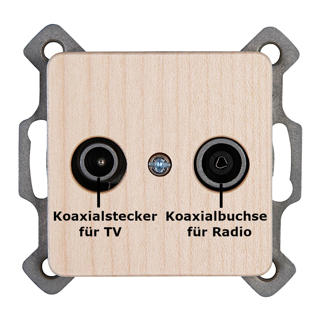 Kopp Milano Ahorn Antennendose TV/RF (917039087) Vorderansicht mit Beschriftung der Anschlüsse